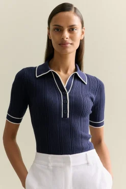 Knitwear>Trenery Organically Grown Cotton Blend Tipped Rib Polo Navy