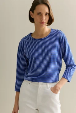 T-shirts & Tops>Trenery Organically Grown Cotton Stripe 3/4 Sleeve T-shirt Cobalt