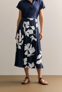 Skirts|Occasion Dresses & Outfits>Trenery Palm Print Pleat Detail Skirt Navy