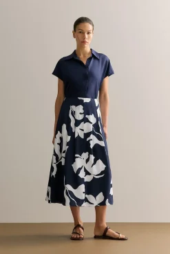 Skirts|Occasion Dresses & Outfits>Trenery Palm Print Pleat Detail Skirt Navy