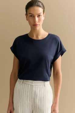 T-shirts & Tops>Trenery Pima Cotton Cuff Sleeve T-shirt NightSky