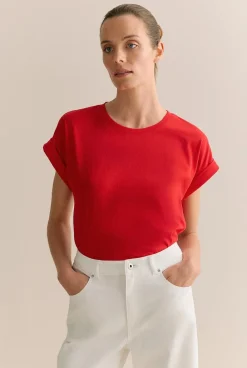 T-shirts & Tops>Trenery Pima Cotton Cuff Sleeve T-shirt TrueRed