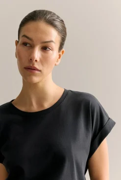 T-shirts & Tops>Trenery Pima Cotton Cuff Sleeve T-shirt Black