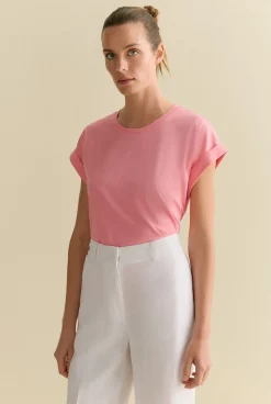 T-shirts & Tops>Trenery Pima Cotton Cuff Sleeve T-shirt PinkGrenadine