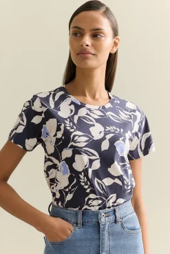 T-shirts & Tops>Trenery Pima Cotton Floral Short Sleeved T-shirt NightSky
