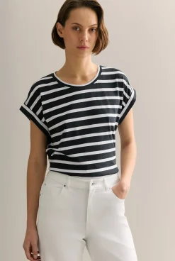 T-shirts & Tops>Trenery Pima Cotton Stripe Cuff Detail T-shirt Black