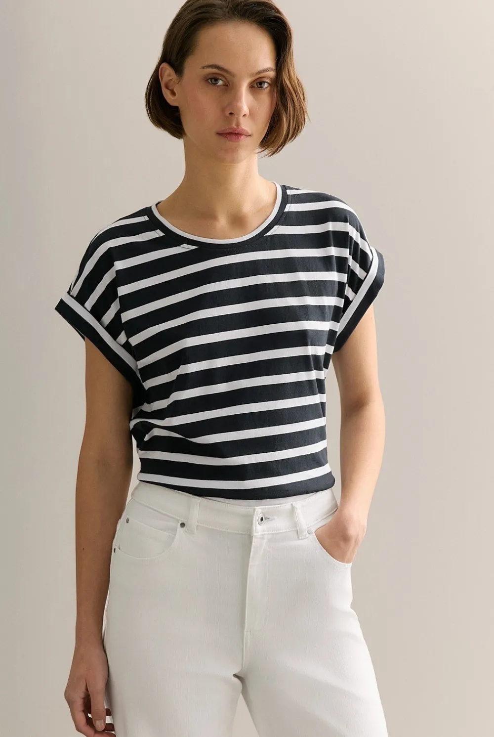 T-shirts & Tops>Trenery Pima Cotton Stripe Cuff Detail T-shirt Black