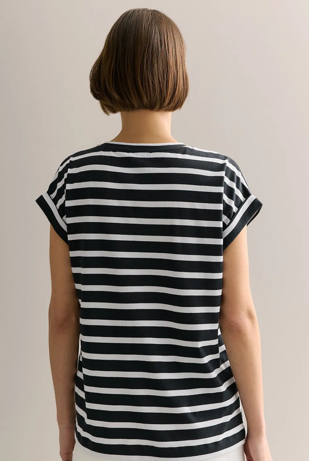 T-shirts & Tops>Trenery Pima Cotton Stripe Cuff Detail T-shirt Black