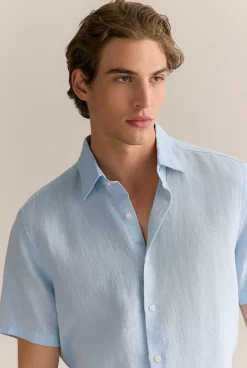 Shirts|The Linen Edit>Trenery Regular Fit Delave Linen Short Sleeve Shirt FreshBlue