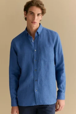 Shirts|Linen Shirts>Trenery Regular Fit Delave Linen Long Sleeve Shirt MineralBlue