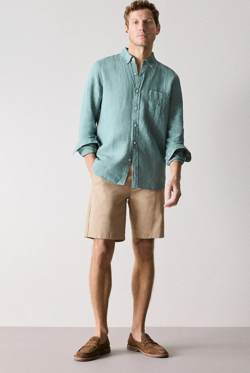 Shirts|Linen Shirts>Trenery Regular Fit Delave Linen Long Sleeve Shirt Jade