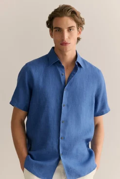 Shirts|The Linen Edit>Trenery Regular Fit Delave Linen Short Sleeve Shirt MineralBlue