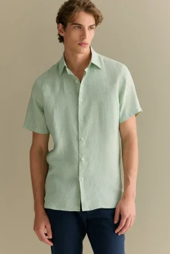 Shirts|The Linen Edit>Trenery Regular Fit Delave Linen End on End Short Sleeve Shirt PaleGreen