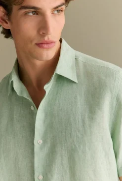 Shirts|The Linen Edit>Trenery Regular Fit Delave Linen End on End Short Sleeve Shirt PaleGreen