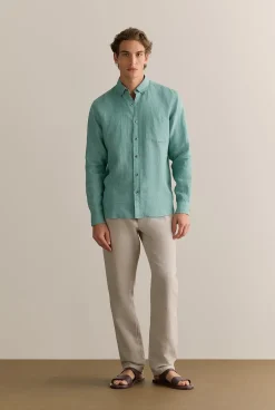 Linen Shirts|The Linen Edit>Trenery Regular Fit Delave Linen Long Sleeve Shirt MineralGreen