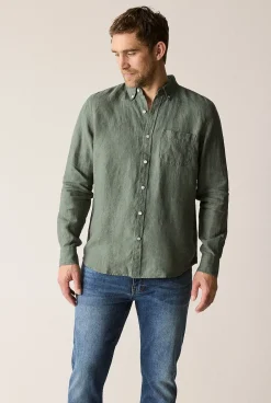 Shirts|Linen Shirts>Trenery Regular Fit Delave Linen Long Sleeve Shirt DarkGreen
