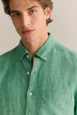 Linen Shirts|The Linen Edit>Trenery Regular Fit Delave Linen End on End Shirt BilliardGreen