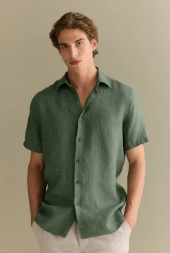 Shirts|The Linen Edit>Trenery Regular Fit Delave Linen Short Sleeve Shirt Evergreen