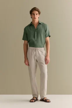 Shirts|The Linen Edit>Trenery Regular Fit Delave Linen Short Sleeve Shirt Evergreen