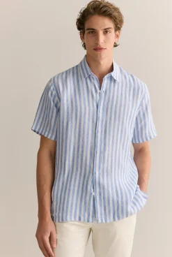 Shirts|The Linen Edit>Trenery Regular Fit Linen Bengal Stripe Short Sleeve Shirt WedgewoodBlue