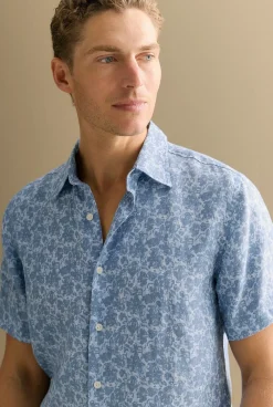 Shirts>Trenery Regular Fit Linen Floral Short Sleeve Shirt PaleBlue