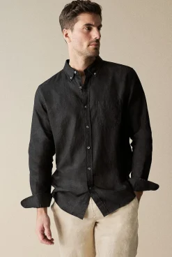 Shirts|Linen Shirts>Trenery Regular Fit Linen Piece Dyed Long Sleeve Shirt Black