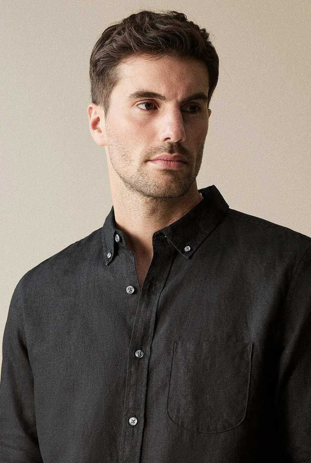 Shirts|Linen Shirts>Trenery Regular Fit Linen Piece Dyed Long Sleeve Shirt Black