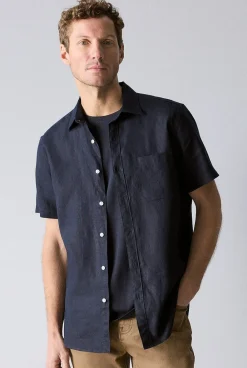 Shirts>Trenery Regular Fit Linen Short Sleeve Shirt Navy