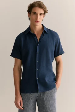 Shirts|The Linen Edit>Trenery Regular Fit Linen Short Sleeve Shirt Navy