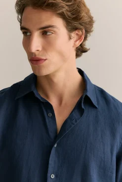 Shirts|The Linen Edit>Trenery Regular Fit Linen Short Sleeve Shirt Navy