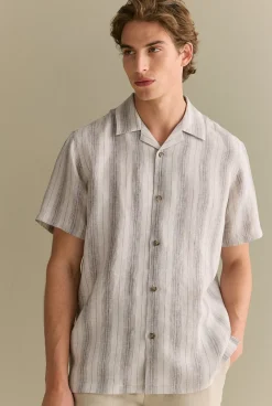 Shirts>Trenery Regular Fit Linen Tonal Stripe Short Sleeve Shirt Flax