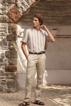 Shirts>Trenery Regular Fit Linen Tonal Stripe Short Sleeve Shirt Flax