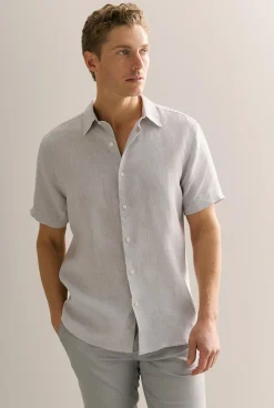Shirts>Trenery Regular Fit Yarn Dyed Linen Basket Grid Shirt Cement