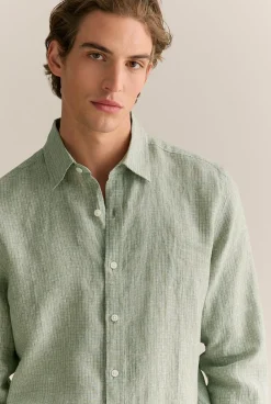 The Linen Edit>Trenery Regular Fit Yarn Dyed Linen Grid Shirt Ivy