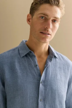 Shirts>Trenery Regular Fit Yarn Dyed Linen Puppytooth Shirt PetrolBlue