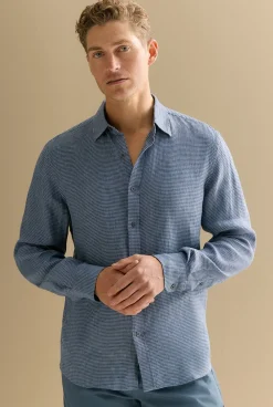 Shirts>Trenery Regular Fit Yarn Dyed Linen Puppytooth Shirt PetrolBlue