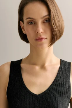 T-shirts & Tops|Knitwear>Trenery Shimmer Knit V Neck Tank Black