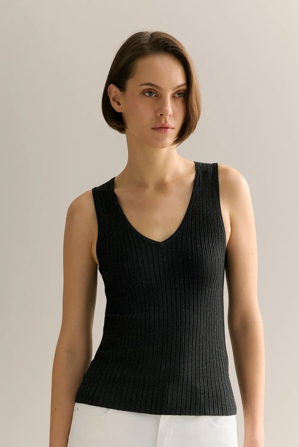 T-shirts & Tops|Knitwear>Trenery Shimmer Knit V Neck Tank Black