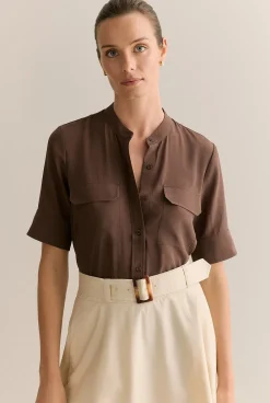 Shirts>Trenery Silk Collarless Pocket Detail Shirt Chocolate