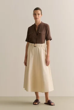 Shirts>Trenery Silk Collarless Pocket Detail Shirt Chocolate