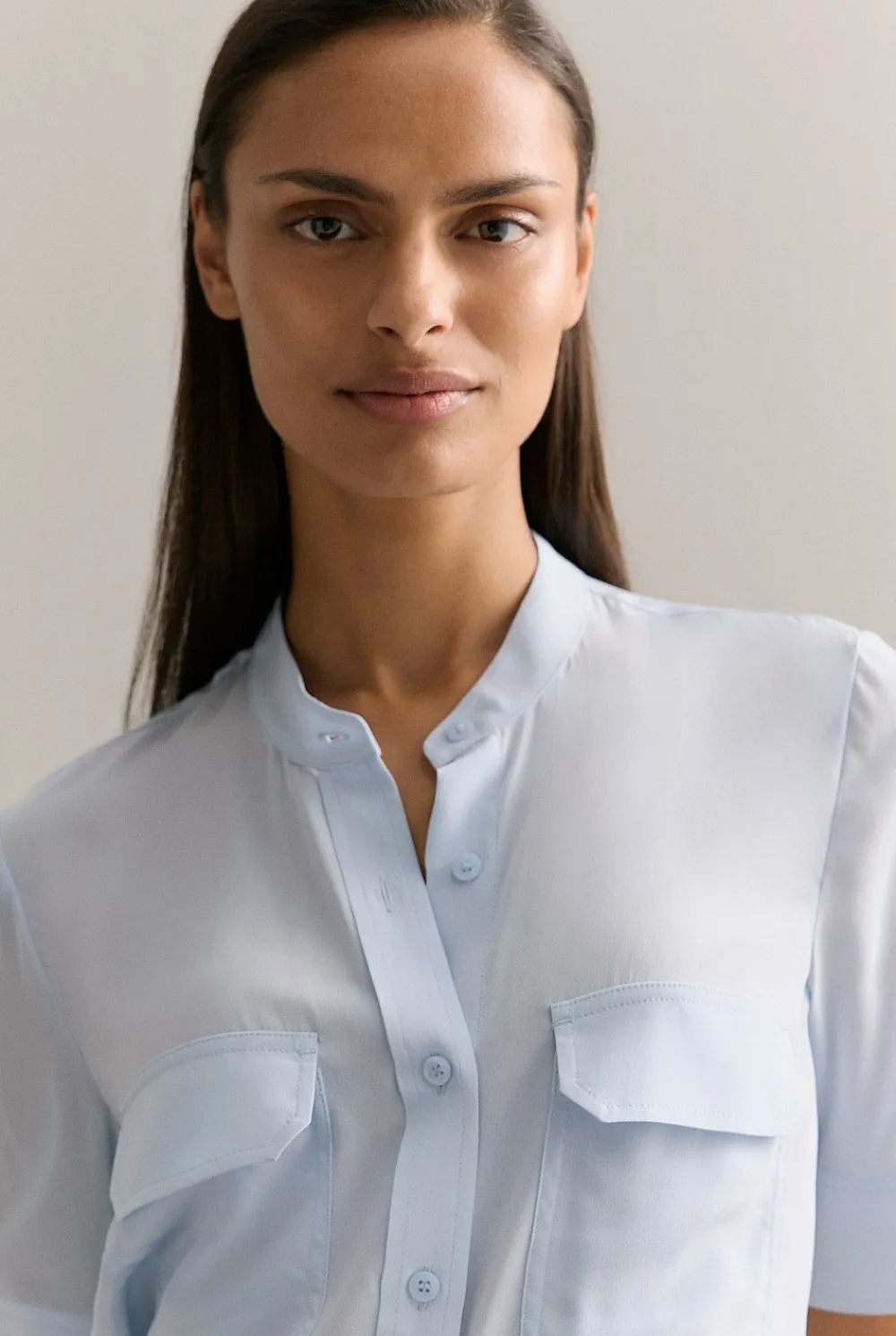 Shirts>Trenery Silk Collarless Pocket Detail Shirt LightBlue