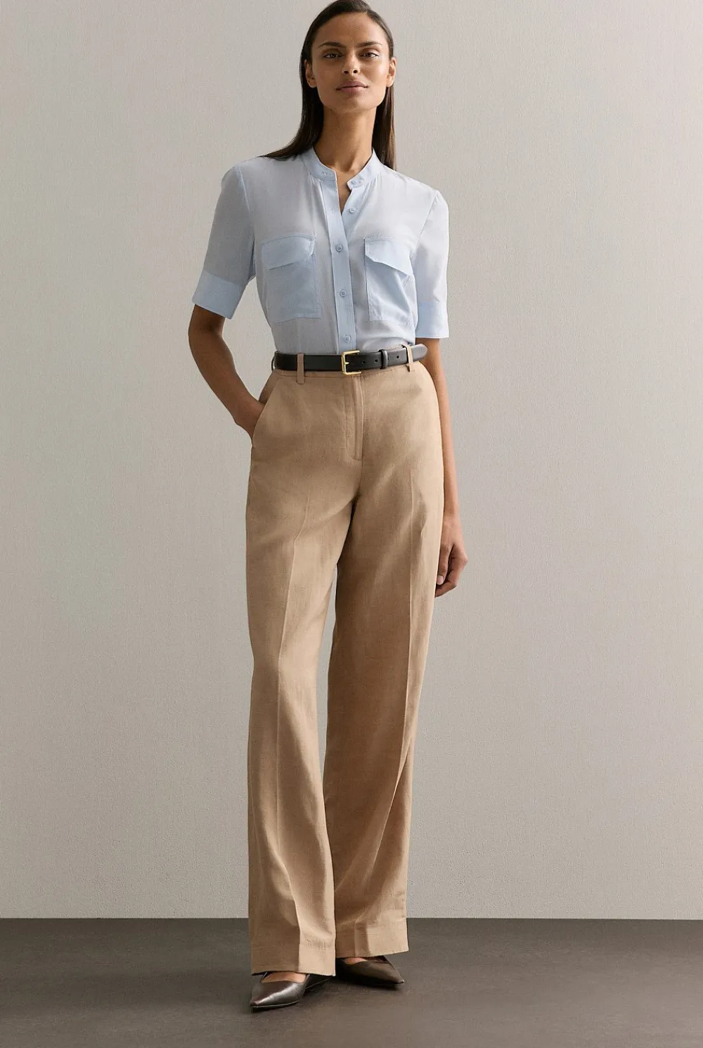 Shirts>Trenery Silk Collarless Pocket Detail Shirt LightBlue