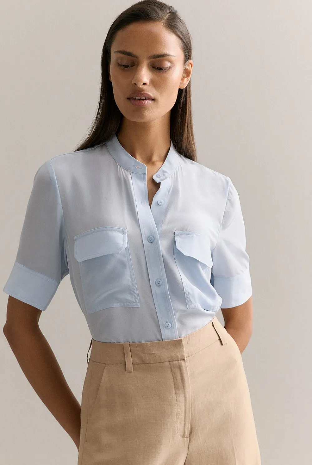 Shirts>Trenery Silk Collarless Pocket Detail Shirt LightBlue