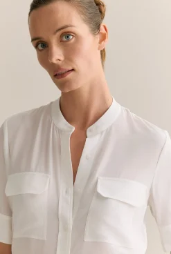 Shirts|Occasion Dresses & Outfits>Trenery Silk Collarless Pocket Detail Shirt White
