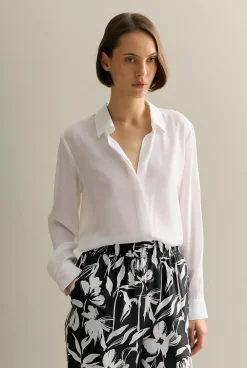 Shirts>Trenery Silk Concealed Placket Shirt White