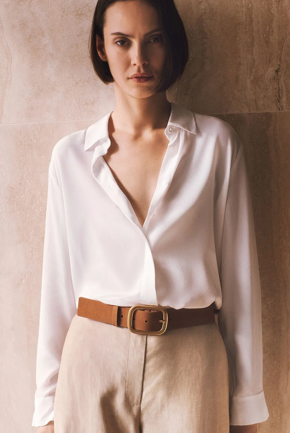 Shirts>Trenery Silk Concealed Placket Shirt White