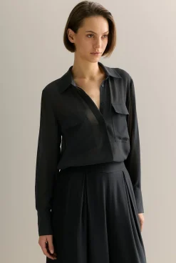 Shirts>Trenery Silk Georgette Pocket Detail Shirt Black