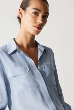 Shirts>Trenery Silk Pocket Detail Shirt SkyBlue