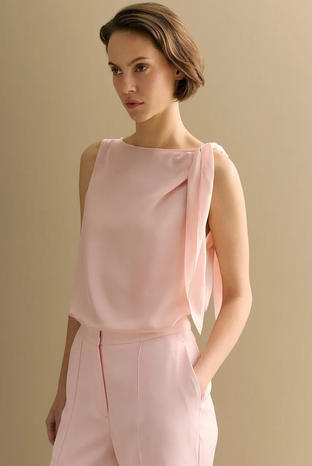 Shirts|T-shirts & Tops>Trenery Silk Tie Detail Sleeveless Top PinkSalt