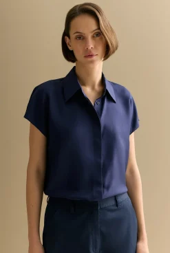 Shirts>Trenery Silk Twill Cap Sleeve Shirt Navy